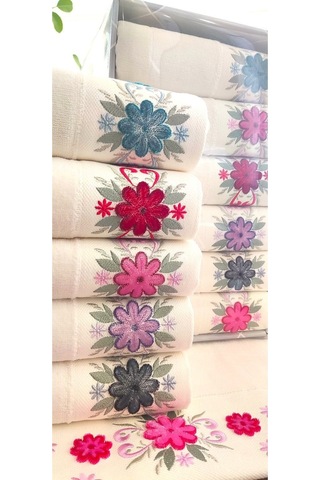 6.lı Set Annem 50x90 Cm. Özel Tafting Nakışlı Kadife Doku Çeyizlik Lüks Havlu Seti Beyaz Renkli