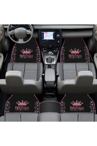 Işıltıya Hazır Ol, Bu Yol Senin Pembe Taşlı Prenses Taç Desenli 5 Li Nakışlı Oto Halı Paspas Seti