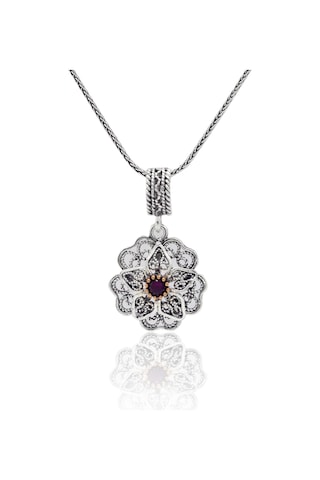 Yakut Taşlı Gül Model Oksitli 925 Ayar Gümüş Telkari Kadın Kolye 201025655