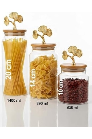3&apos Lü Bambu Kapaklı Metal Ginkgo Figürlü Şeffaf Cam Kavanoz Şeffaf Cam Saklama Kabı 635/890/1400ml Ahşap