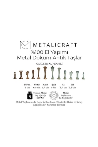 Mc46 Büyük Boy Metal Satranç Takımı 37x37cm Doğal Ahşap Kayın Tahta El Yapımı Antik Metal Taşlar