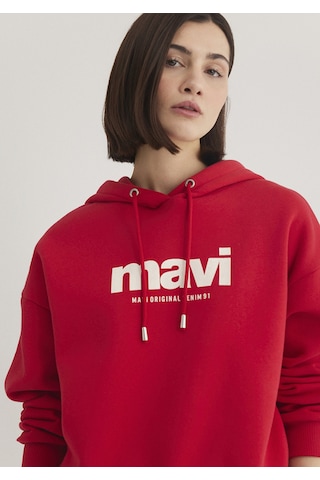 Mavi - Mavi Logo Baskılı Kapüşonlu Kırmızı Sweatshirt 168334-35476 Kırmızı