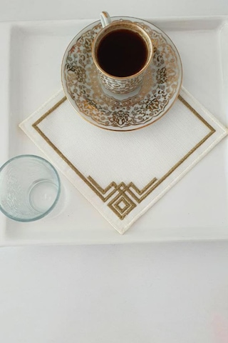 Köşe Nakışlı Keten Kare Bardak Altlığı Seti 6 Lı Kahve Kahverengi