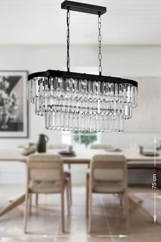 Linsa 70x30 Cm'lik Kristal Cam Taşlı Yemek Masası Üstü Lüks Avize - Mat Siyah Siyah