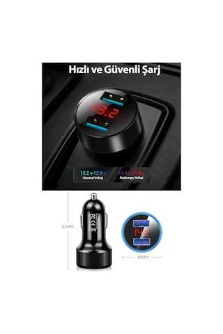 Çakmaklık Oto Araç Hızlı Şarj Aleti 3.1a Usb Çift Girişli Siyah Led Ekranlı