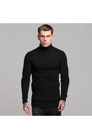 Erkek Orta Boyun Örme Kazak Kore Tarzı Katı Yarım Balıkçı Yaka Uzun Kollu Tişört Sıcak Satış Casual Tops Siyah