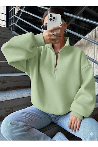 No8 Home 3 İplik Şardonlu Yarım Fermuarlı Sweatshirt Mint Mint