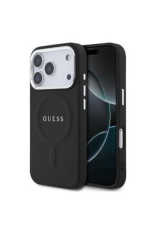 Apple Uyumlu iPhone 17 Pro Kılıf Guess Lisanslı M-safe Özellikli Klasik Yazı Logolu Pu Deri Kapak Siyah Siyah