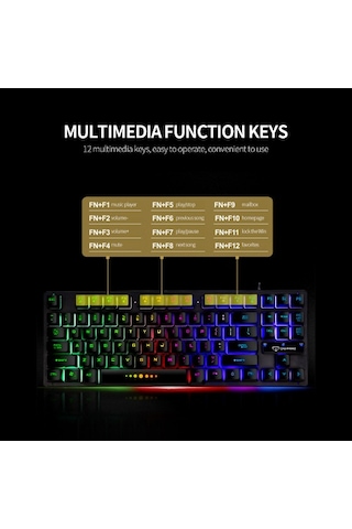 Gk-10 Usb Kablolu Klavye Oyun Klavyesi 87 Tuş Renkli Arka Aydınlatmalı Klavye Ergonomik Oyun Klavyesi Siyah