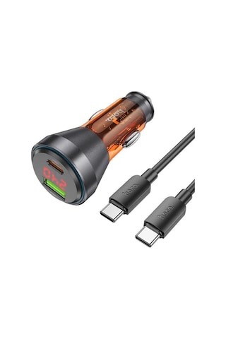 Hoco Nz12b Unimpeded Pd48w Usb + Type-c Araç Çakmaklı Hızlı Şarj Aleti + Type-c To Type-c Kablo Turuncu