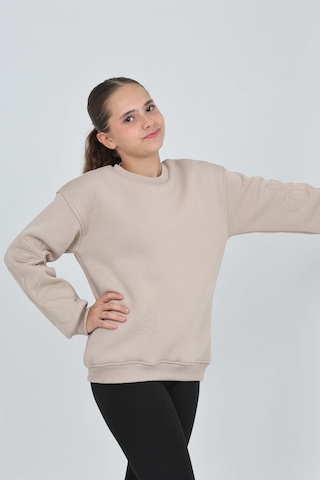 Toontoy Kız Çocuk Relax Fit Bisiklet Yaka Düşük Omuz Sweatshirt Bej