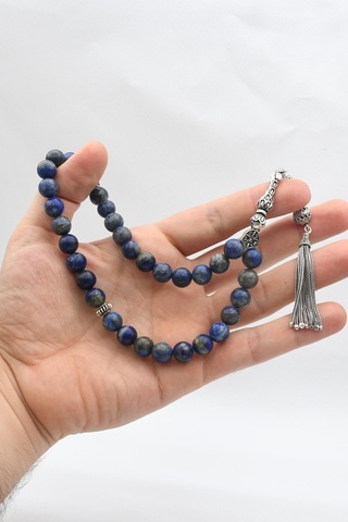 33'lük Doğal Lapis Lazuli Taşlı Tesbih 925 Ayar Gümüş Püsküllü 10mm Küre Kesim