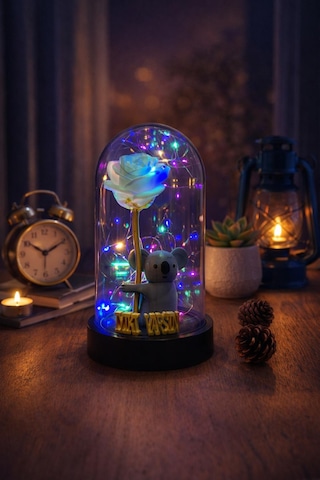 Fanus İçinde Koala Ve Gül Figürlü İyi Ki Varsın Yazılı Peri Led Yıl Dönümü, Doğum Günü Hediyesi Gold Gri