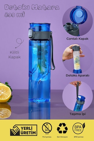 800 Ml Detoks Su Matarası Suluk Pipetli , Bpa Sız, Kilitli Ve Sızdırmaz Kapak - Mavi MAvi
