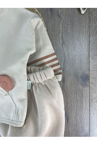 Bebicix Oversize Şerit Detaylı Yumuşak Doku Bereli Erkek Bebek 3'lü Takım Krem
