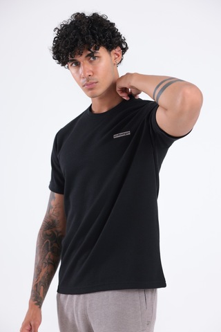 Rowinger Waffle Örgü Dokulu Göğüs Logolu Kolda Mini Cep Detaylı Bisiklet Yaka Erkek Spor T-shirt Siyah
