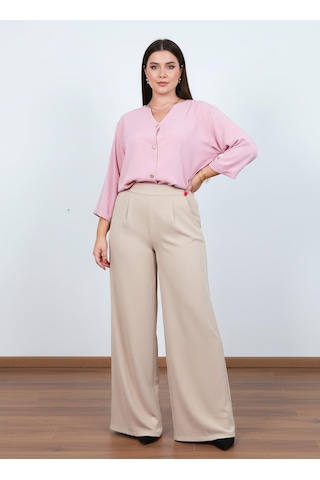 Pera Moda Büyük Beden Gold Düğmeli V Yaka Şık Kadın Gömleği Pembe