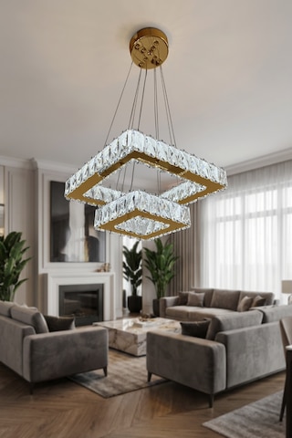 2 Katlı Kare Kristal Modern Sarkıt Led Avize Çok Renkli