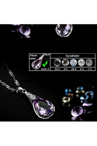 Brezza Lusso Jewelry Gümüş Su Damlası Ametist Taşı Kadın Kolye Küpe Seti Gümüş Set