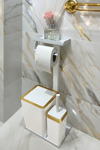 3'ü 1 Arada Banyo Seti Tuvalet Kağıtlık, Çöp Kovası Ve Tuvalet Fırça Takımı Altın - Beyaz