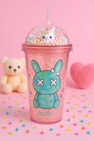 Sevimli Bunny Tavşan Figürlü Renkli Boncuklu Kristal Efektli Tasarım Pipetli Bardak Suluk Pembe 2087 Çok Renkli