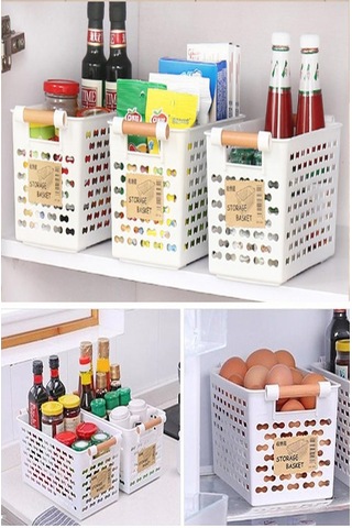 Bayev 4 Adet Beyaz Ahşap Renk Saplı Buzdolabı Mutfak Düzenleyici Banyo Düzenleyici Organizer Sepet Beyaz