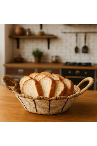Yuvarlak Hasır Ekmek Sepeti-24 Cm X 7 Cm Beyaz - Kahverengi