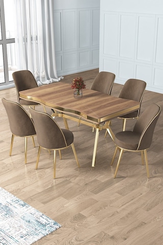 Canisa Prah Serisi 90x160 Lak Panel Hazar Gold Ayak Masa Takımı 6 Cappucino Sandalye Hazar Masa Cappucino Sandalye Ayaklar Gold