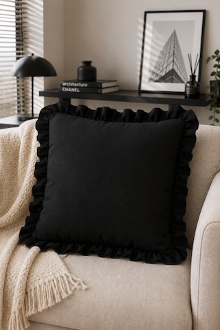 1 Adet Siyah Fırfırlı Dekoratif Kırlent Kılıfı %100 Pamuk 45x45 Cm