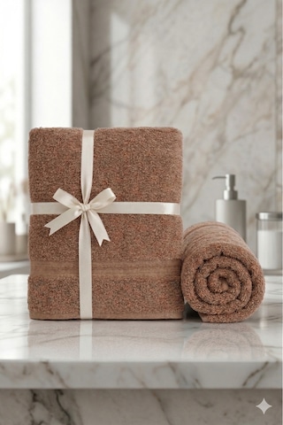 2 Li Battal Boy Banyo Havlu Seti - 100% Pamuk 90x170 Cm + 50x90 Cm Ekstra Yumuşak Emici Havlu Kahve
