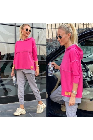 DefyModa Kadın Pembe Kapşonlu Etek Ucu Detay Arma Ters Dikiş Gorunumlu Ikili Takım