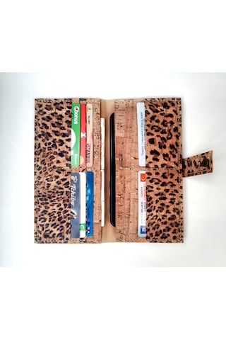 Doğal Vegan Mantar Derisinden Telefon Bölmeli Leopar Desenli Clutch Kadın Cüzdan Leopar