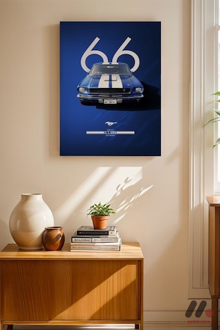 Ford Mustang 1966 Mavi Poster, Çerçevesiz Yüksek Kalite Duvar Afişi - Oto Severlere Özel Hediye