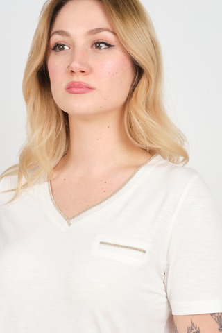 Ella Camelia Kadın Simli Süs Cepli V Yaka Kısa Kollu Bluz 24e038 Ekru Ekru
