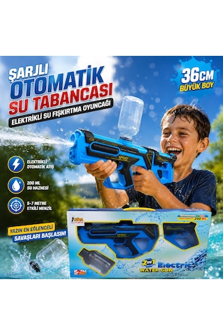Şarjlı Otomatik Su Tabancası 36 Cm Elektrikli Su Fışkırtma Oyuncağı 200 Ml Su Hazneli Mavi