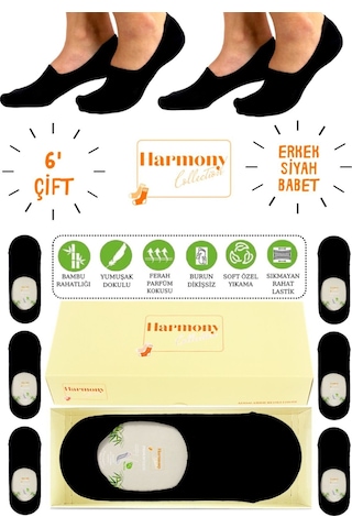 Harmony Collectıon Bambu Erkek Beyaz Babet 6 Çift Özel Kutulu, Burun Dikişsiz Ve Silikonlu Kaydırmaz Topuk Premıum Siyah