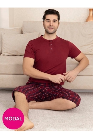Erkek Bisiklet Yaka 3 Düğmeli Ekose Desen Modal Kısa Kol Cepli Kapri Pijama Takımı Bordo