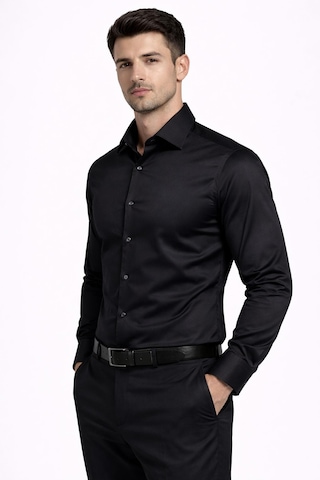 Classics Men Slim Fit Uzun Kollu Kolay Ütü Pamuk Saten Erkek Gömlek Siyah