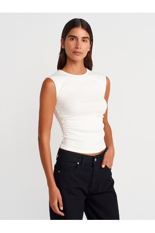 Dilvin 21054 Büzgülü Basic T-shirt-ekru Ekru