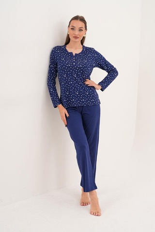 Çift Kaplan Kadın Pamuk Modal Yıldızlı Açık Patlı Lacivert Pijama Takımı 7005 Lacivert