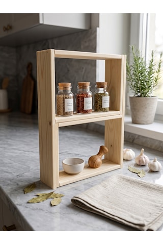 Nest Wood Doğal Ham Ahşap 2parça Modüler Baharatlık Rafı Mutfak Tezgah Üstü Düzenleyici Baharat Standı 45x65cm