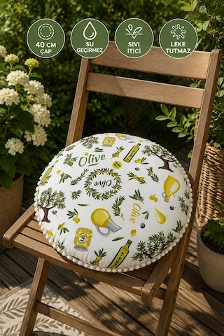 Yuvarlak Minder 40 Cm Çap Zeytin Desenli Dekoratif Minder Beyaz Ponponlu Su Geçirmez Sıvı İtici Çok Renkli