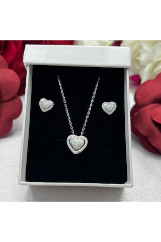 Açılabilir Kalp Kadın 2'li Seti 925 Ayar Gümüş Rodyumlu Zirkon Taşlı Gümüş