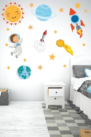MSticker Sevimli Astronot, Uzay Mekiği, Güneş, Yıldızlar Gezegen Sticker Seti Çocuk Bebek Odası