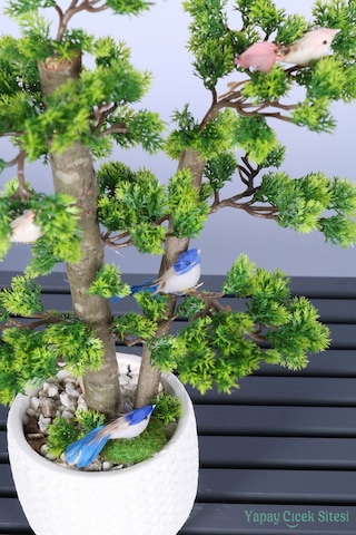 Yapay Çiçek Sitesi Dekoratif Saksıda Yapay Kuşlu Bonsai Ağaç 55 Cm Yeşil