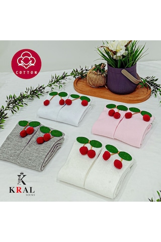 Kral Socks Kız Çoçuk Çorap Kiraz Desenli Renkli Pamuklu Okul Çorabı