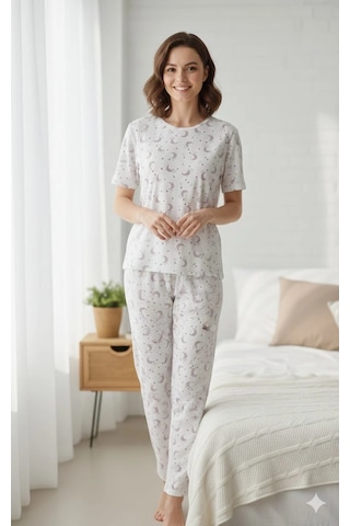 Modasehle Kadın 3'lü Kısa Kollu Yüksek Bel Bisiklet Yaka Üst Alt Şort Pijama Takım Desenli