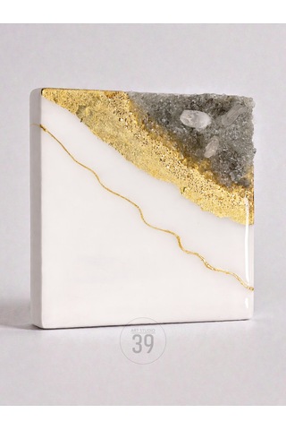 Geode Bianco Kuvars Taşlı Modern Epoksi Duvar Tablosu Enerjisel & Dekoratif Sanat 20x20 Cm