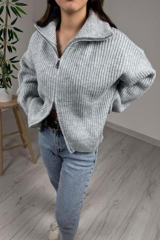 Explode - Kadın Premium Gri Çift Fermuarlı Overisize Triko Kazak Gri