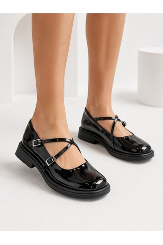 Dabab Shoes Marsel Kadın Siyah Rugan Çapraz Bantlı Tokalı 2 Cm Kalın Taban Mary Jane Ayakkabı
